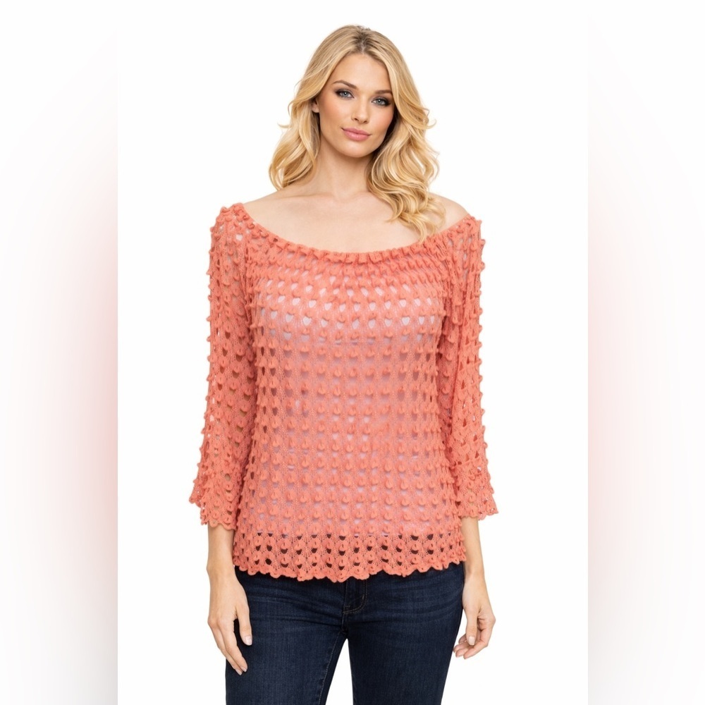 Emma Rose Crochet Open Knit Peach Tunic Top 3/4 Sleeve Size M Approx